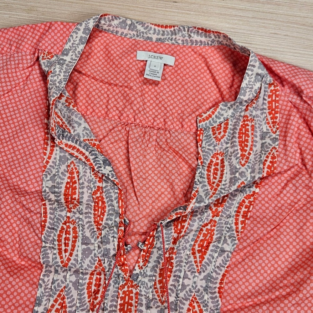 J Crew Tunic Blouse Womens 6 Pink‎ Geometric Tassel Cotton 22655 Boho Peasant